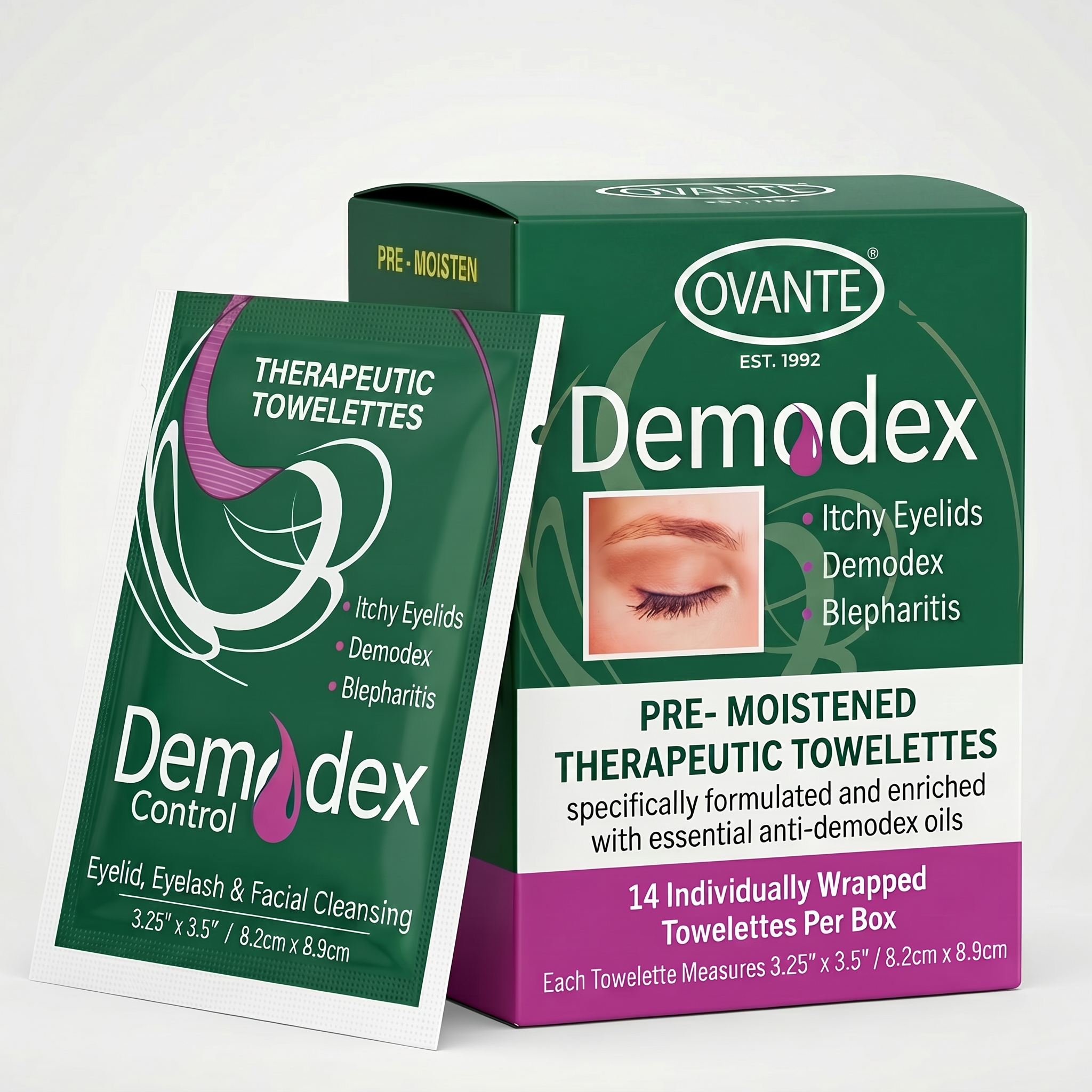 Demodex Control Therapeutic Towelettes – Pre-Moistened Eyelid, Eyelash & Facial Cleansing Wipes for Itchy Eyelids, Blepharitis & Demodex – 14 Individually Wrapped Towelettes | Ovante
